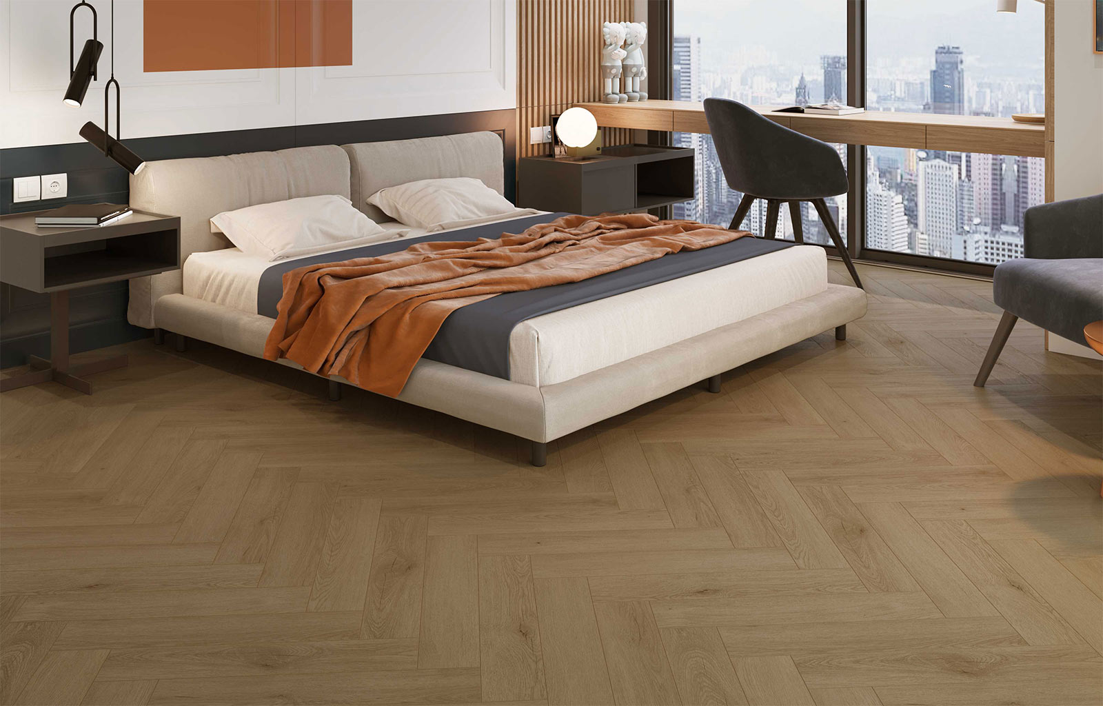 Herringbone luxury vinyl plank laid in the classic pattern, showing the wide planks and painted bevel