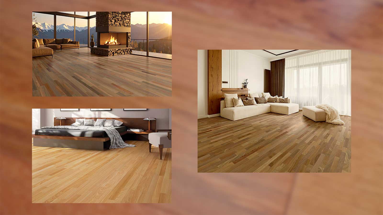 Exotic hardwood floors including Brazilian Walnut, Tigerwood, and Teak shown in large room settings
