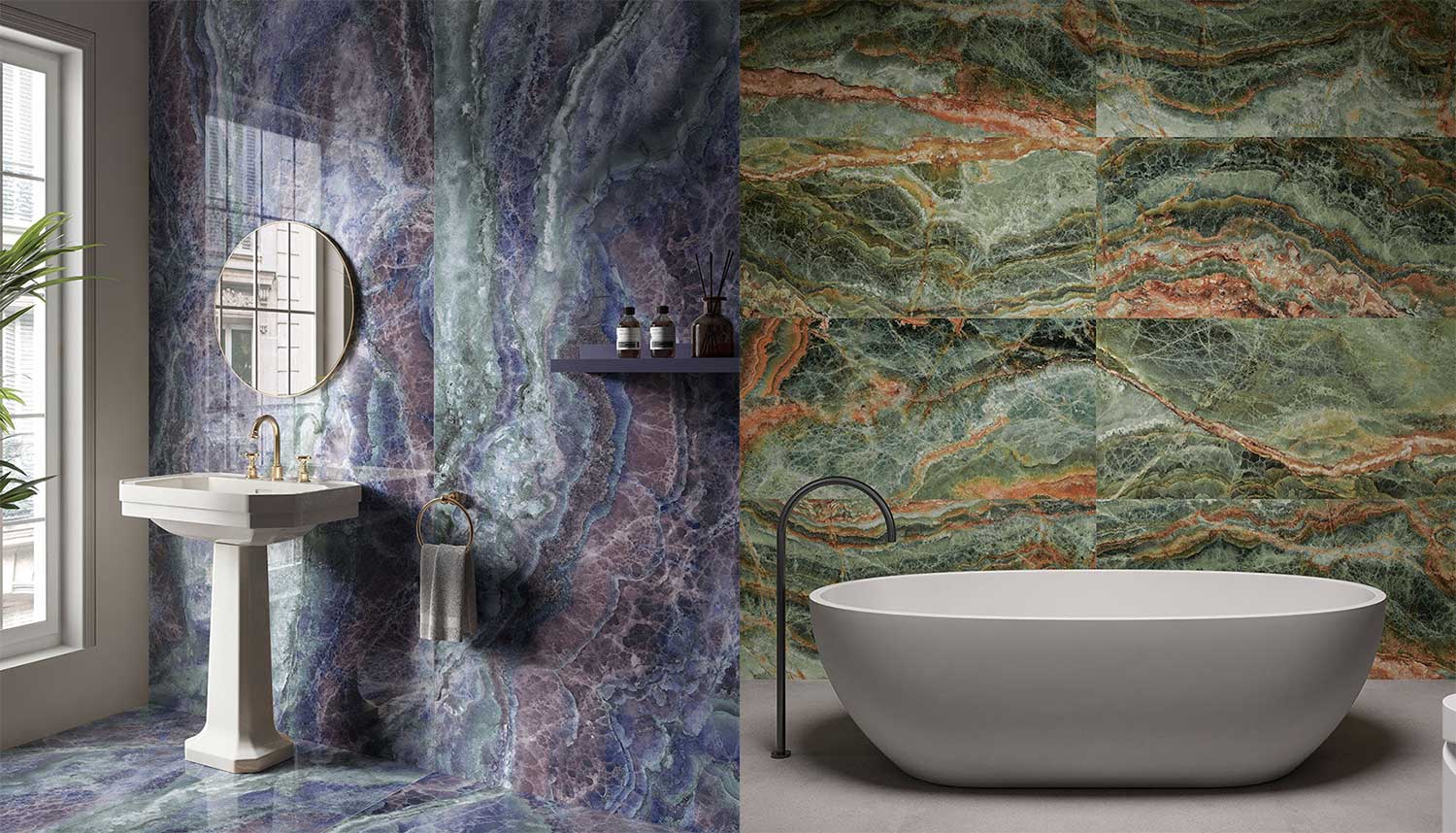 Glossy Galaxy tile collage showing dramatic movement and rich purple, indigo, and emerald tones