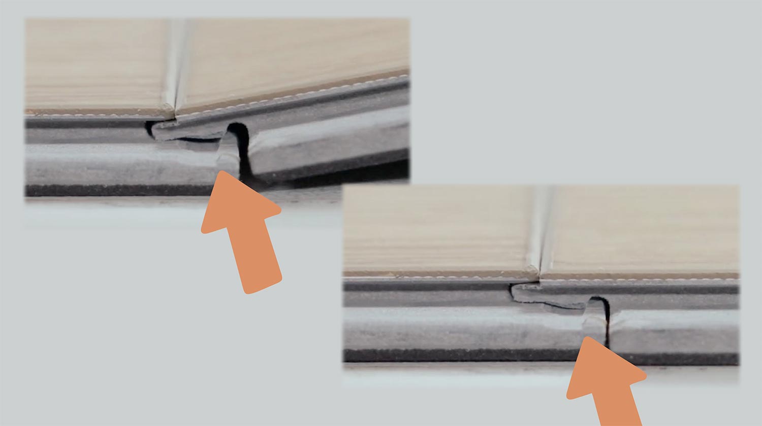 Close-up of a luxury vinyl plank locking system showing how planks connect side to side and at the ends
