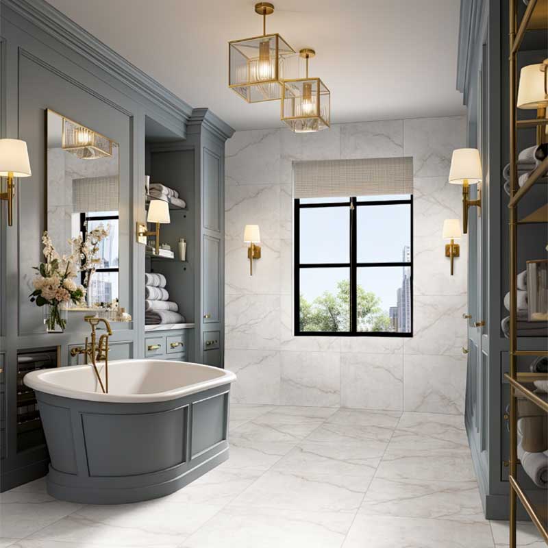 Stone look vinyl plank flooring in a bathroom