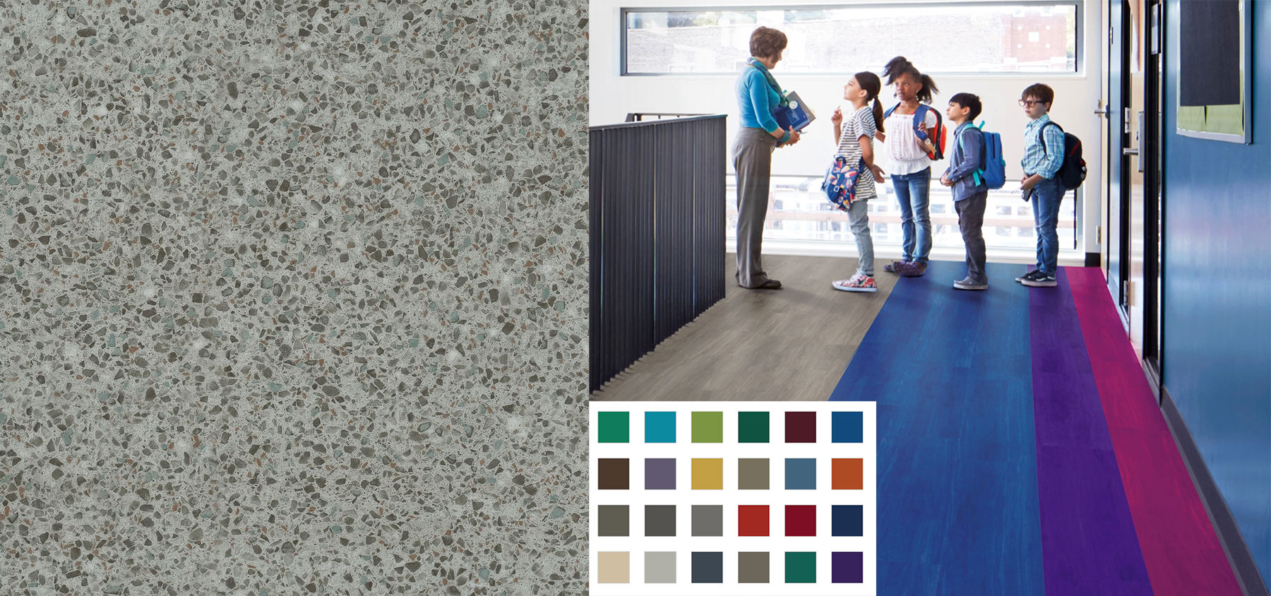 Interface vinyl plank samples showing terrazzo style and colorful Studio Set vinyl