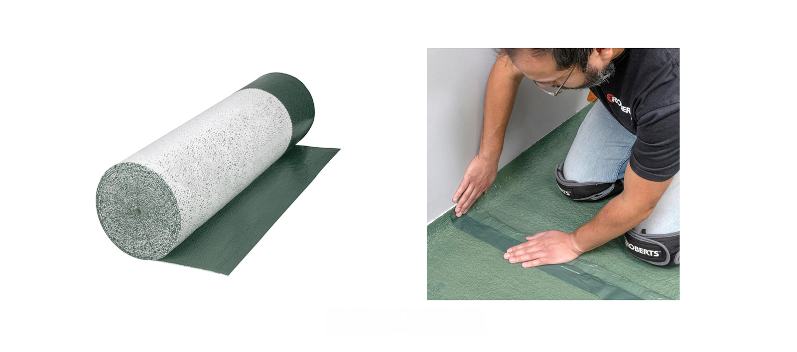 underlayment roll and installer applying green underlayment