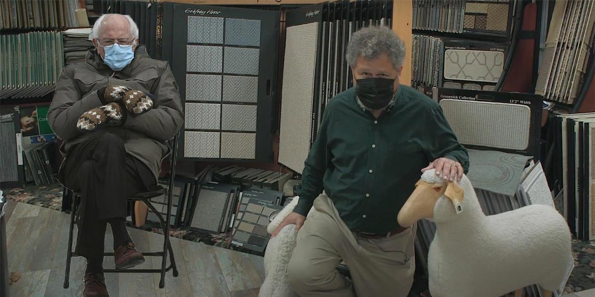 Ken Fain kneels next to life-like sheep with Bernie Sanders meme in background