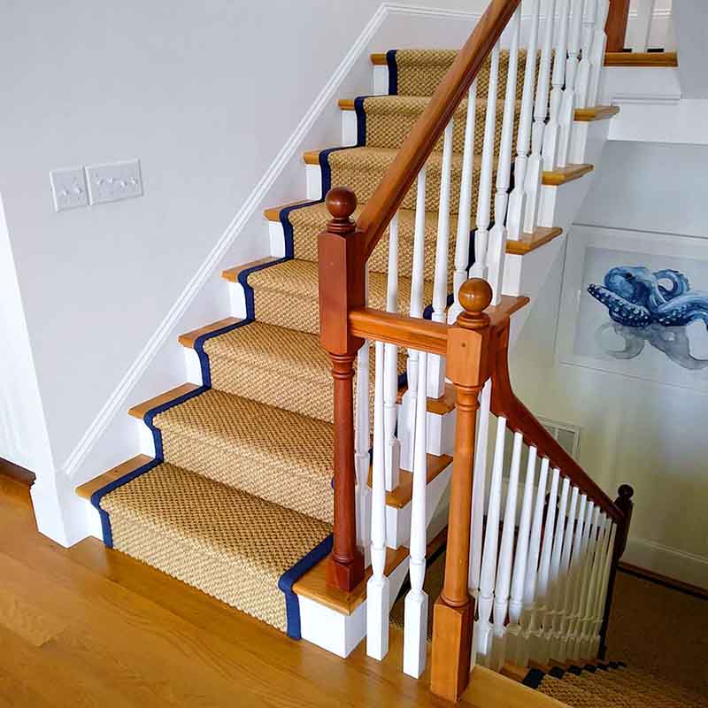 Sisal stair carpet navy blue binding and octopus painting