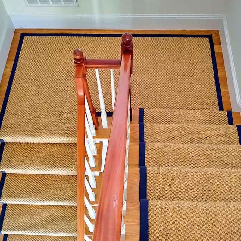 Sisal carpet navy blue binding full staircase